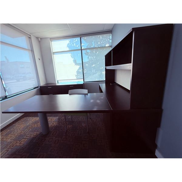 Large L-Shaped Desk Set With Hutch, Credenza, and Chair