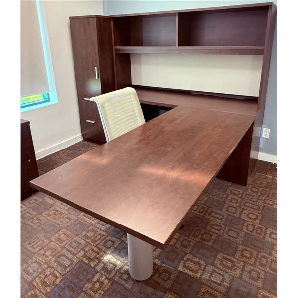L-Shaped Wood Office Desk Suite With Hutch, Cabinet And Chair