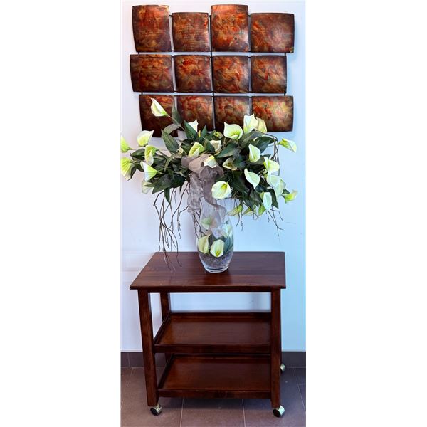 Decorative Metal Wall Art, Artificial Calla Lily Arrangement, and Wood Rolling Cart