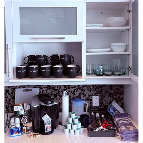 Keurig Coffee Maker With Sandler Mugs, K-Cups, Dishes, Flatware
