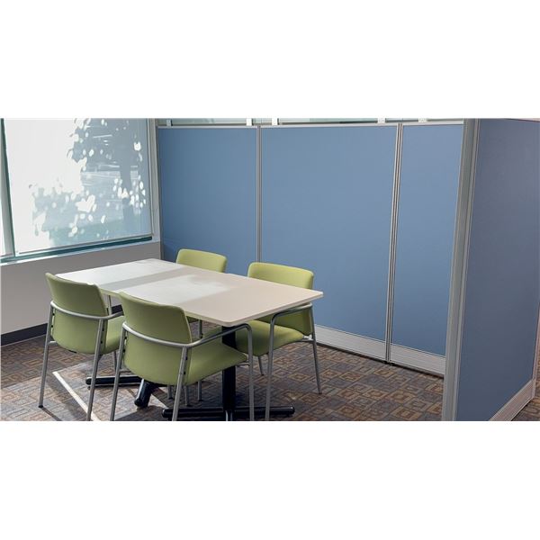 Modular Office Table Set with 4 Green Chairs and Blue Privacy Panels