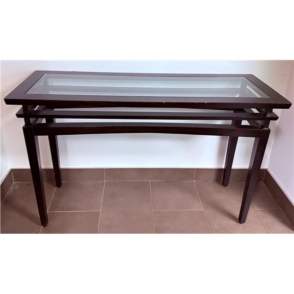 Rectangular Glass Top Console Table with Dark Wood Frame