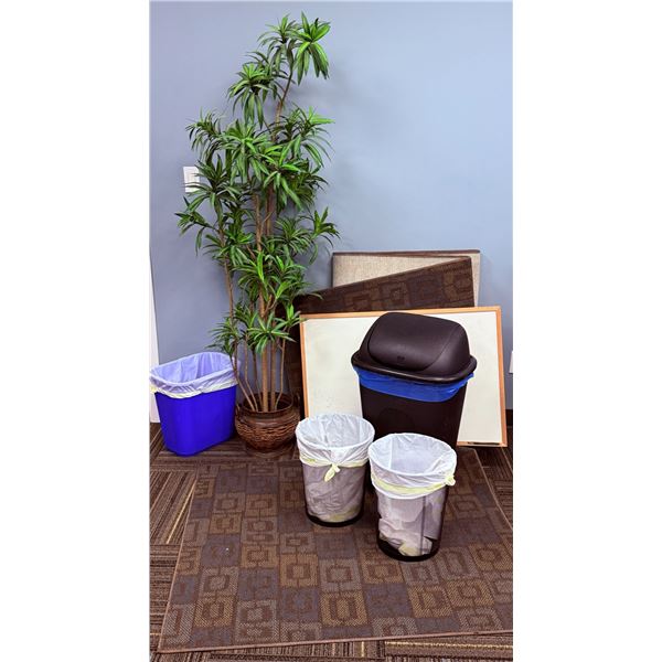 Office Assortment: Trash Cans, Artificial Plant, Rugs, Whiteboard