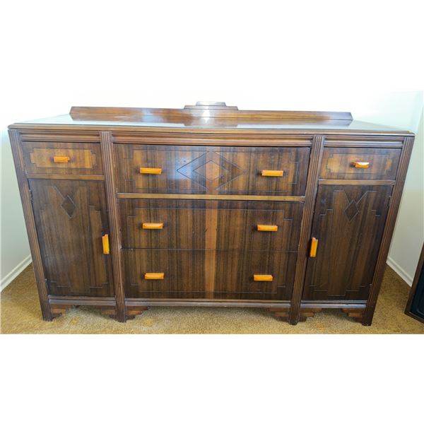 Art Deco Wooden Sideboard With Geometric Detailing and Original Hardware, Measurements Included