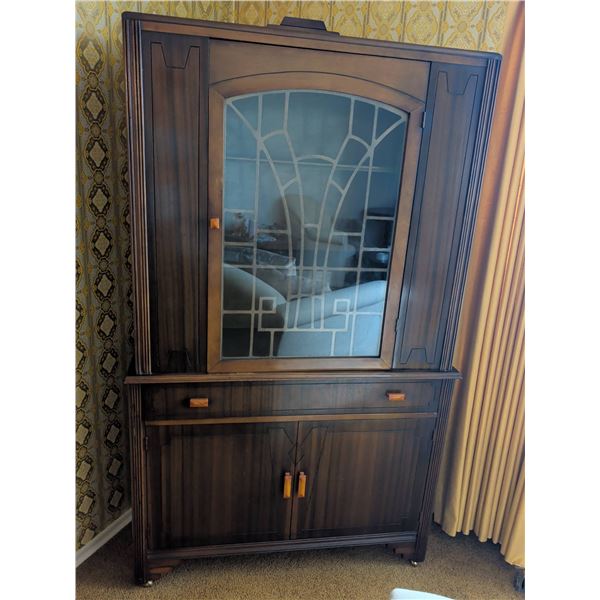 Art Deco China Cabinet With Geometric Leaded Glass and Bakelite Pulls