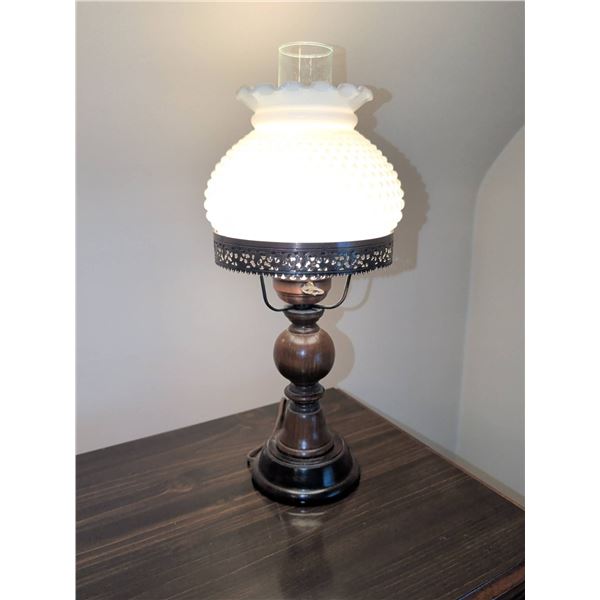 Milk Glass Hobnail Table Lamp with Wooden Base