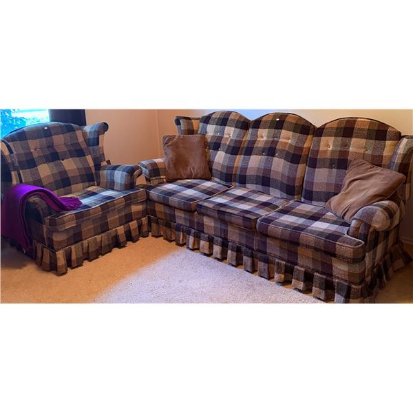 Plaid Sofa and Armchair Set with Skirted Bases
