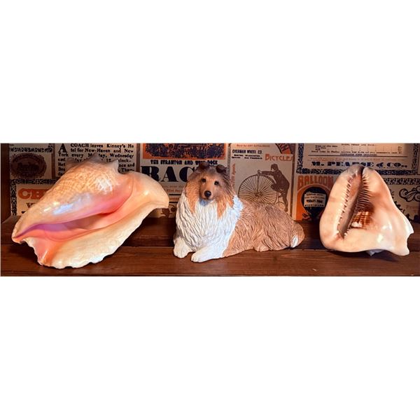 Two Large Sea Shells and Ceramic Collie Dog Figure