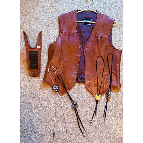 Western Leather Vest, Four Bolo Ties, and Wooden Boot Jack