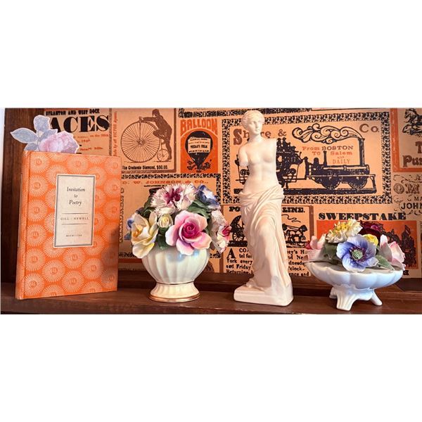 2 Capodimonte Porcelain Floral Arrangements, Venus de Milo Statue, and Invitation to Poetry (
