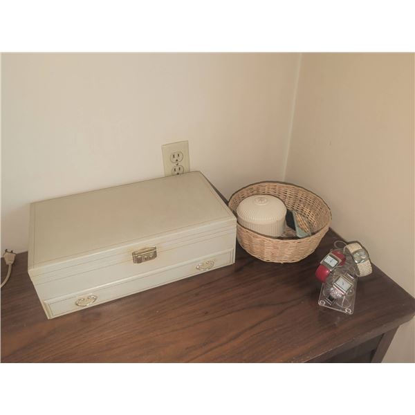 Jewellery Box with Purple Lining, 3 Watches, and Basket Assortment