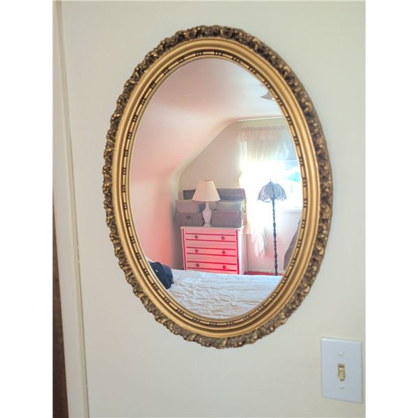 Oval Wall Mirror with Ornate Gold-Tone Frame