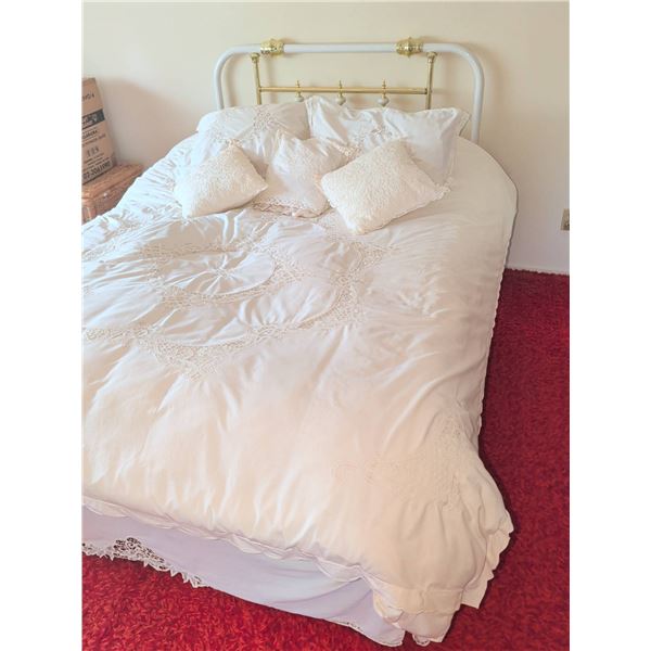 Metal Bed Frame with Brass Accents, Mattress and Two Pillows