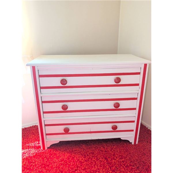 Wooden Three-Drawer Dresser with Red and White Painted Finish
