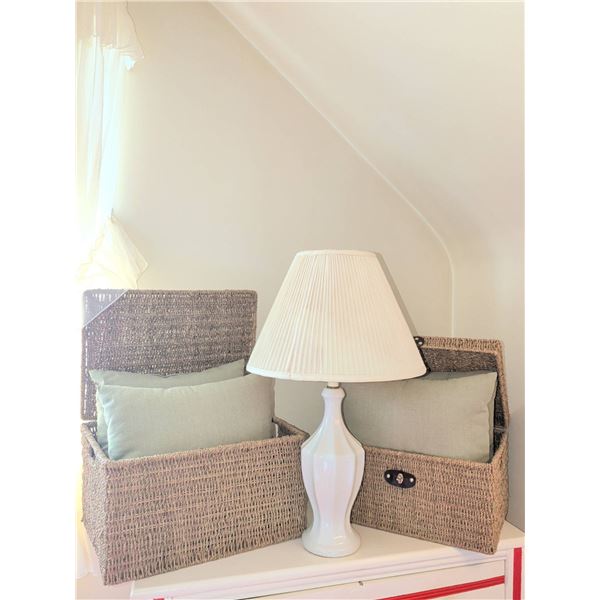 White Ceramic Table Lamp with Shade and Two Wicker Storage Baskets with Cushions