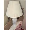 Image 5 : White Ceramic Table Lamp with Shade and Two Wicker Storage Baskets with Cushions