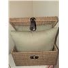 Image 6 : White Ceramic Table Lamp with Shade and Two Wicker Storage Baskets with Cushions