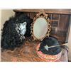 Image 1 : Black Felt Hat with Feather, Curly Wig with Cat Mask & Ornate Oval Mirror