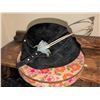 Image 6 : Black Felt Hat with Feather, Curly Wig with Cat Mask & Ornate Oval Mirror