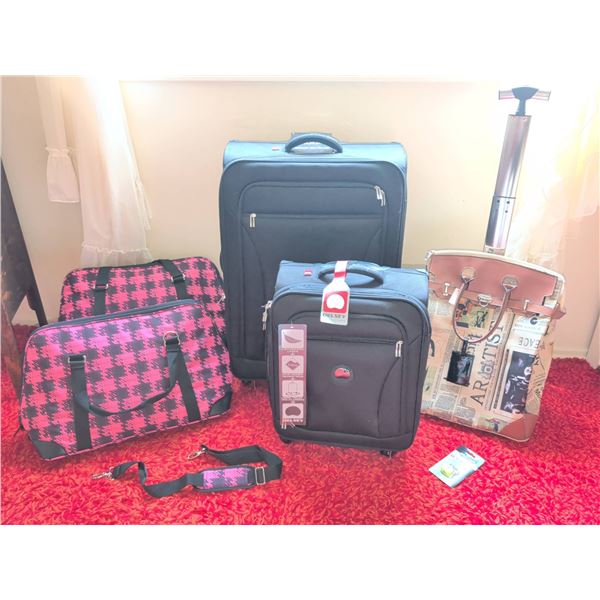 Luggage Set w/ New Delsey Suitcases, Pink Houndstooth Bags, Printed Tote, Tracker Lock