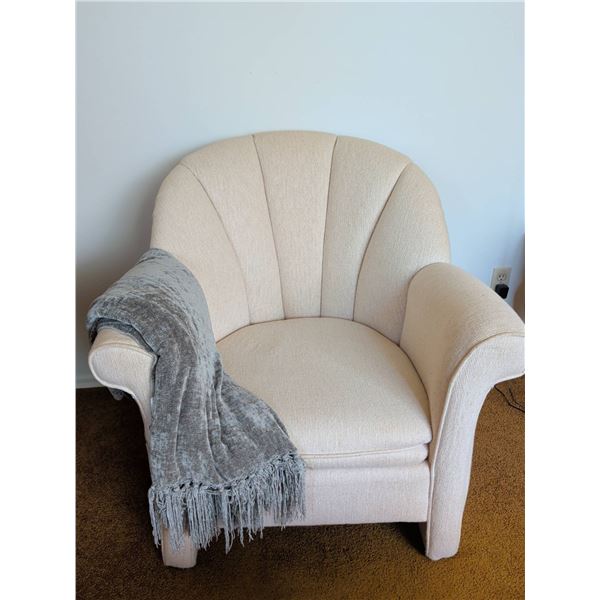 Beige Fabric Armchair With Rolled Arms and Shell Back