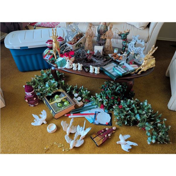 Large Assortment of Christmas Decor and Ornaments, Includes Storage Bin
