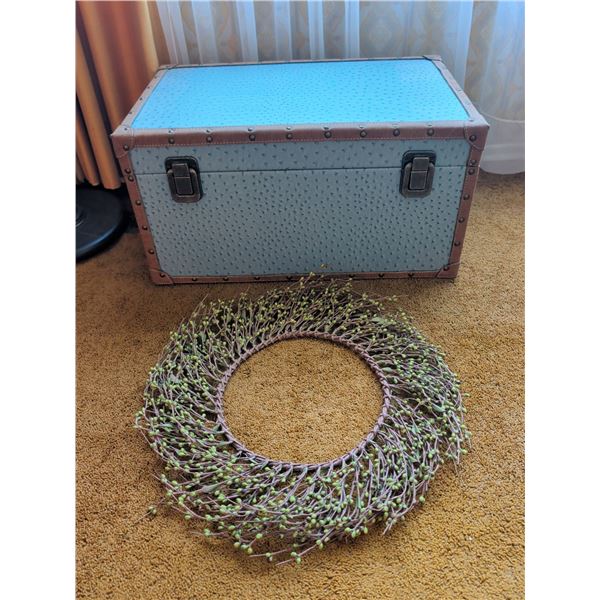 Blue Ostrich-Embossed Storage Trunk With Metal Hardware