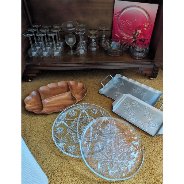 Servingware and Glassware Including Italian Crystal, Metal Trays, and Divided Bowl