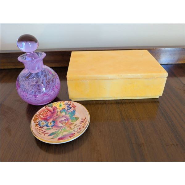 Maling Rosalind Trinket Dish, Pink Art Glass Perfume Bottle & Indian Agate Box