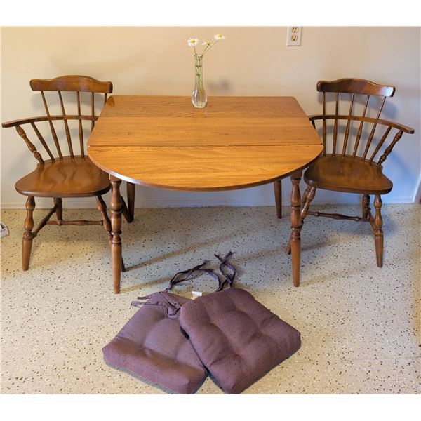 Wood Drop-Leaf Dining Table With Two Windsor Arm Chairs
