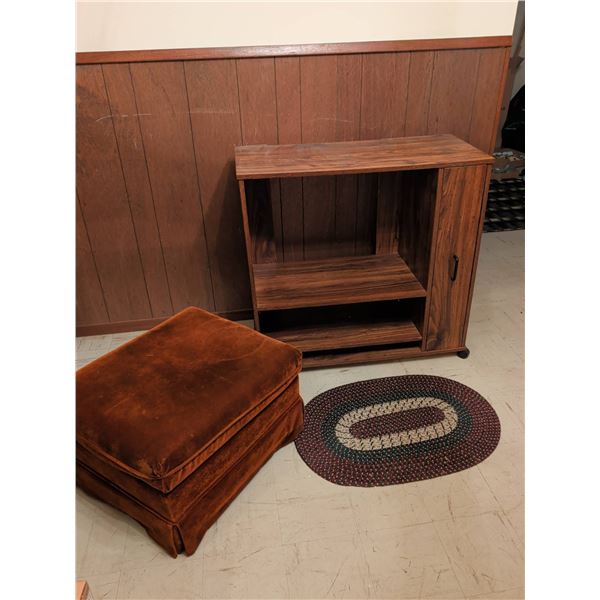 Wood-Look Laminate Rolling Cabinet, Brown Fabric Ottoman, and Oval Braided Rug