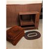 Image 1 : Wood-Look Laminate Rolling Cabinet, Brown Fabric Ottoman, and Oval Braided Rug