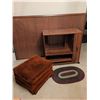 Image 2 : Wood-Look Laminate Rolling Cabinet, Brown Fabric Ottoman, and Oval Braided Rug