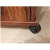 Image 4 : Wood-Look Laminate Rolling Cabinet, Brown Fabric Ottoman, and Oval Braided Rug