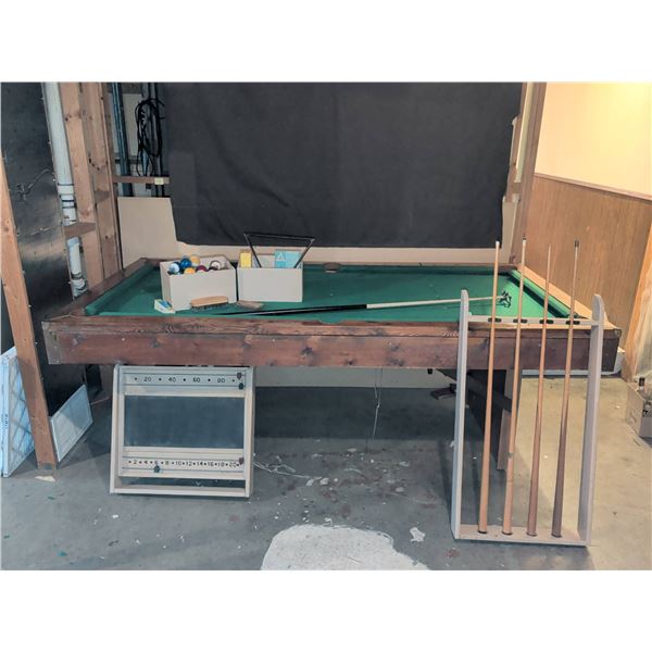 Wood-Framed Pool Table with Accessories and Cue Rack