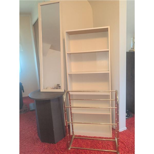 Furniture Lot with Mirror, Shelf, Side Table, and Brass Rack