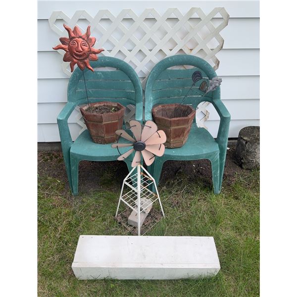 Garden Decor Bundle with Planters, Metal Windmill and Stakes