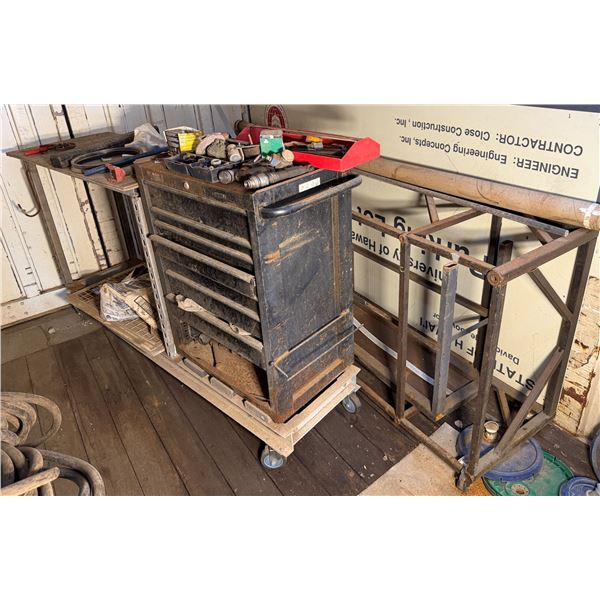 Metal Frame, Table & Toolbox w/ Contents: Adhesives, Hardware, etc on Rolling Dolly