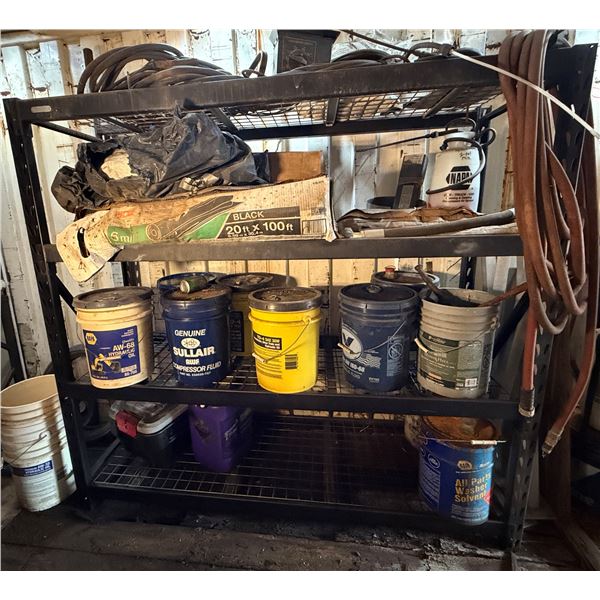 Metal Mesh Shelving Unit 77" x 24" x 72"H w/ Contents: Lincoln L9303 Control, Hoses, Hydraulic Oil, 
