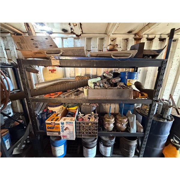 Metal Mesh Shelving Unit 77" x 24" x 72"H w/ Contents: Metal Doors, Hoses, Air Brake Canister, Diese