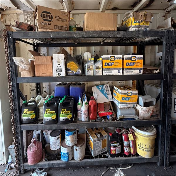 Metal Mesh Shelving Unit 77" x 24" x 72"H w/ Contents: Synthetic Oil, Diesel Exhaust Fluid, Prestone