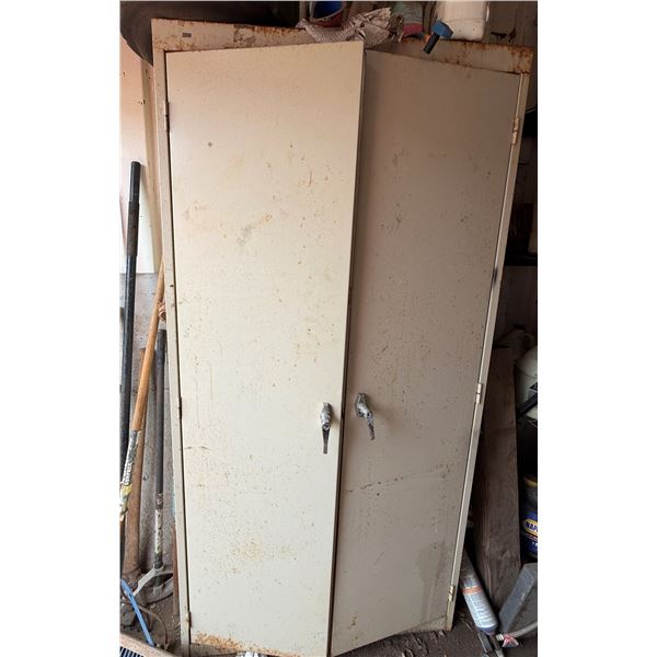 Metal 2-Door Cabinet 36" x 18" x 71"H w/ Misc Landscape Tools & Contents: Paint, Stop-Leak, etc