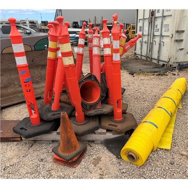 Multiple Orange Delineator Posts, Traffic Cones & Roll Yellow Sheeting