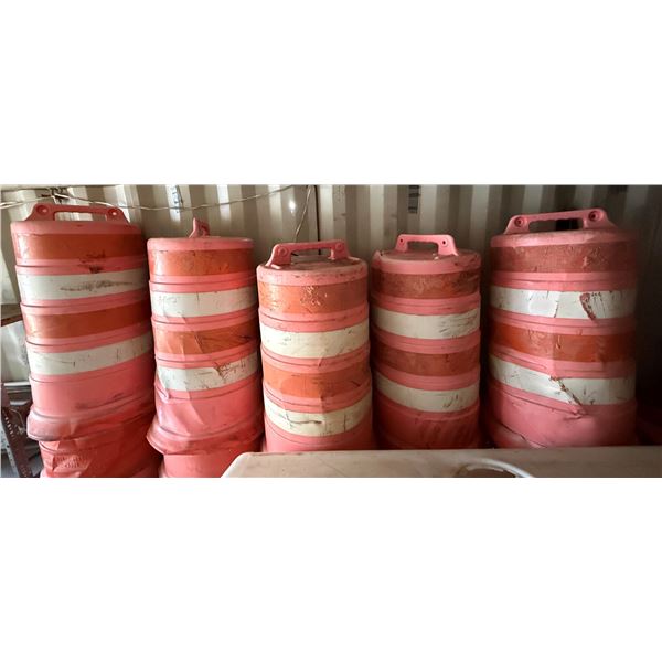 Qty Approx. 60 Multiple HDPE High-Density Polyethylene Traffic Drum Barrels w/ Bases