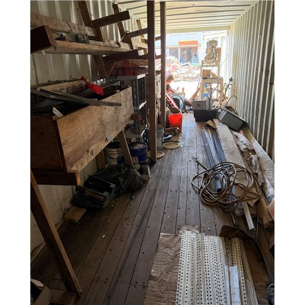 Contents of Container: Shelving  Units, Tools, Brackets, Clamps, Landscape Tools, Cords, Hardware, e