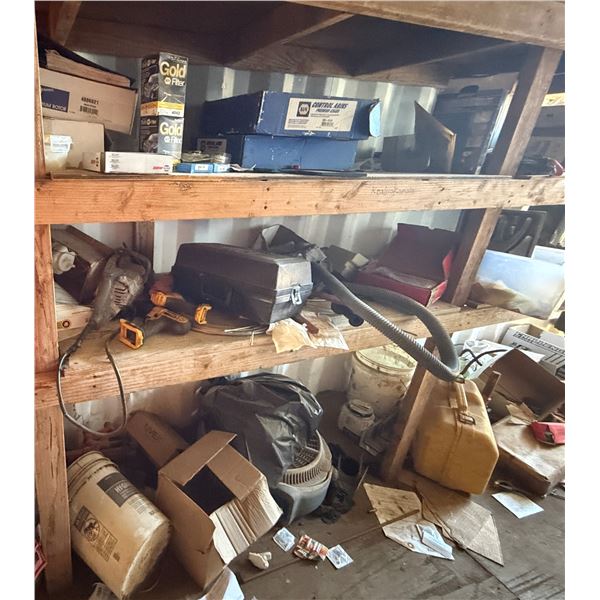 Contents of Shelf: Milwaukee Sawzall Reciprocating Saw, DeWalt Power Tools, Control Arms, Brake Roto