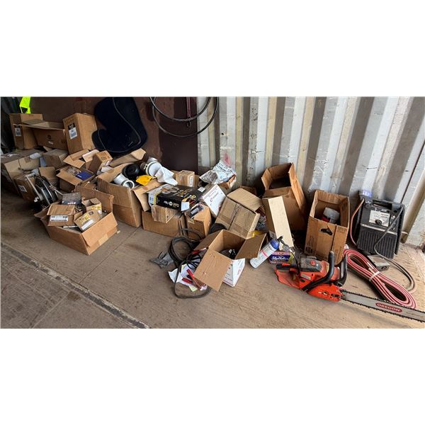 Multiple Pipe Fittings, Truck Pac Jump Starter w/ Cables, Chain Saw, Filters, Hose Reel, Chisel Set,