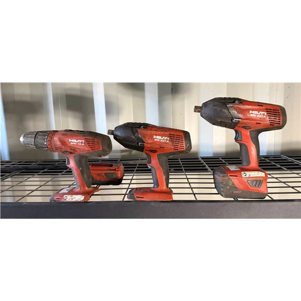 Qty 3 Hilti Power Tools: SFH18A Hammer Drill Driver, SIW22T-A & SIW22T-A Impact Wrenches