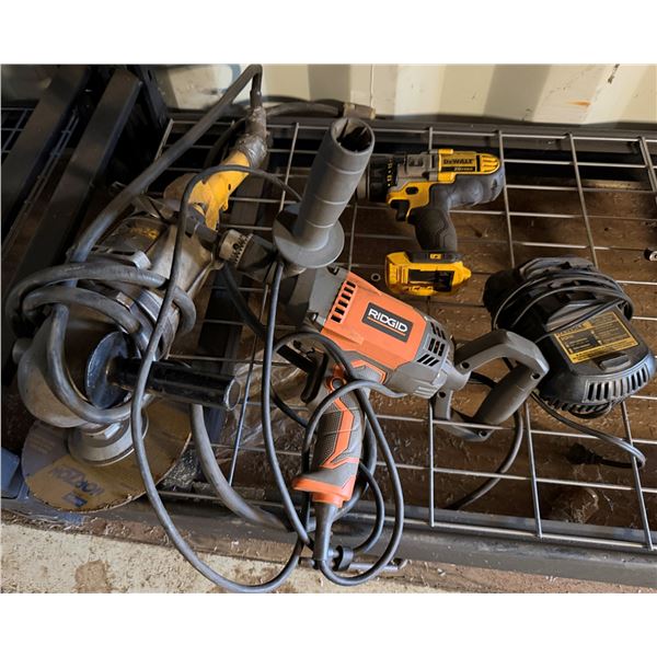 Ridgid Spade Handle Mud Mixer, DeWalt Angle Grinder & Hammer Drill, Charger, etc