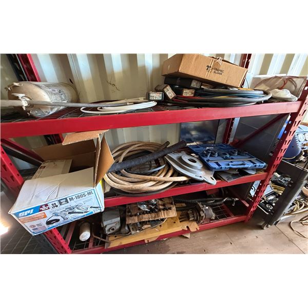 Contents of Shelf: Hoses, Pipe Threader Kit, GPI Fuel Transfer Pump, Diesel Engine Components, etc